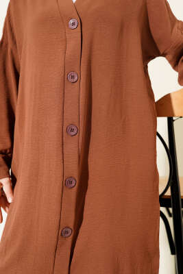 Önü Düğmeli Ayrobin Taba Uzun Hırka - Hırka