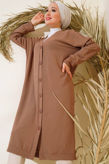 Önü Düğmeli Ayrobin Vizon Uzun Hırka - Hırka