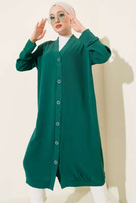 Önü Düğmeli Ayrobin Zümrüt Yeşili Uzun Hırka - Hırka