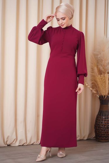 Önü Düğmeli Bordo Kalem Elbise - Tesettür Elbise
