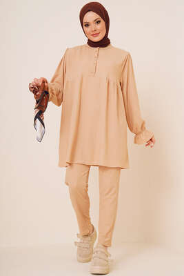 Önü Düğmeli Bürümcük İkili Takım Bej 