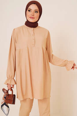 Önü Düğmeli Bürümcük İkili Takım Bej - İKİLİ TAKIM