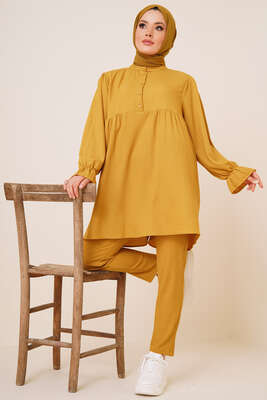 Önü Düğmeli Bürümcük İkili Takım Hardal 