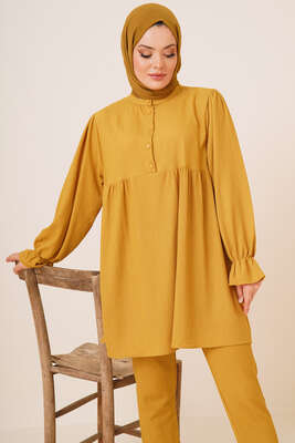 Önü Düğmeli Bürümcük İkili Takım Hardal - İKİLİ TAKIM