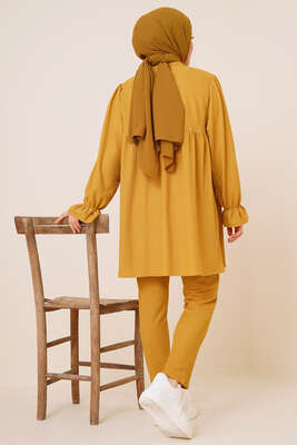 Önü Düğmeli Bürümcük İkili Takım Hardal - İKİLİ TAKIM