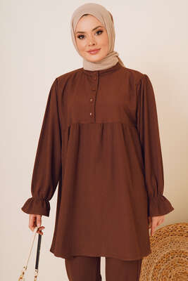 Önü Düğmeli Bürümcük İkili Takım Kahve - İKİLİ TAKIM