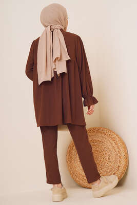 Önü Düğmeli Bürümcük İkili Takım Kahve - İKİLİ TAKIM