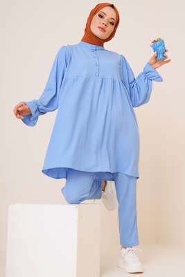 Önü Düğmeli Bürümcük İkili Takım Mavi 