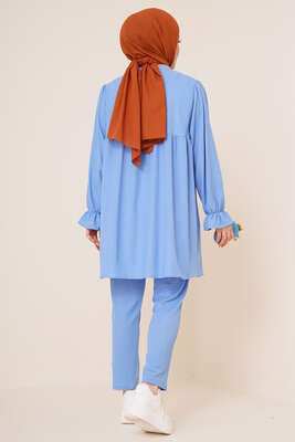 Önü Düğmeli Bürümcük İkili Takım Mavi - İKİLİ TAKIM
