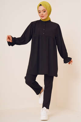 Önü Düğmeli Bürümcük İkili Takım Siyah 