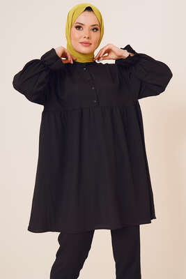 Önü Düğmeli Bürümcük İkili Takım Siyah - İKİLİ TAKIM