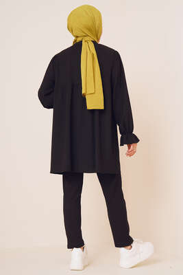 Önü Düğmeli Bürümcük İkili Takım Siyah - İKİLİ TAKIM