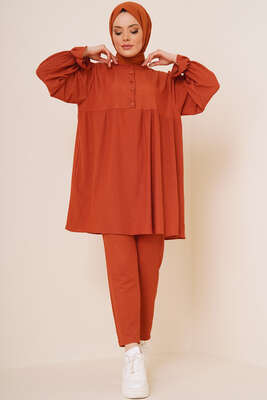 Önü Düğmeli Bürümcük İkili Takım Kiremit