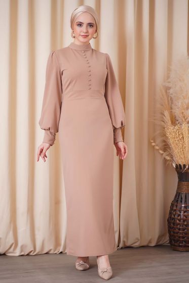 Önü Düğmeli Camel Kalem Elbise - Tesettür Elbise