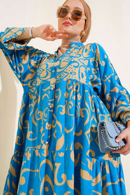 Önü Düğmeli Desenli Elbise Mavi - Thumbnail