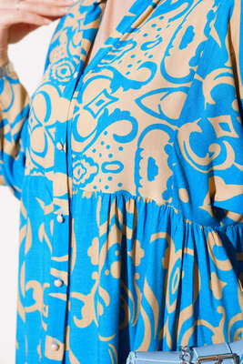 Önü Düğmeli Desenli Elbise Mavi - Thumbnail