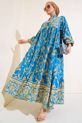 Önü Düğmeli Desenli Elbise Mavi 