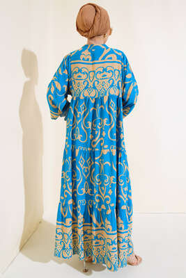 Önü Düğmeli Desenli Elbise Mavi - Tesettür Elbise