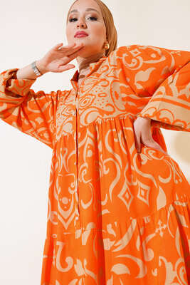 Önü Düğmeli Desenli Elbise Oranj - Thumbnail