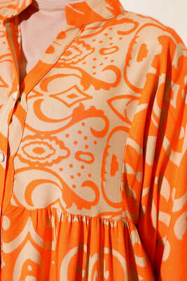 Önü Düğmeli Desenli Elbise Oranj - Thumbnail