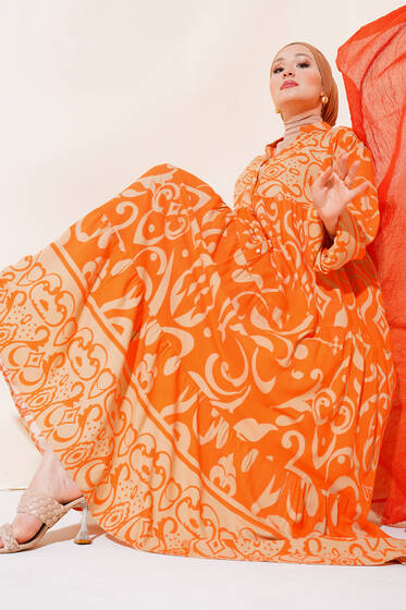 Önü Düğmeli Desenli Elbise Oranj - Tesettür Elbise
