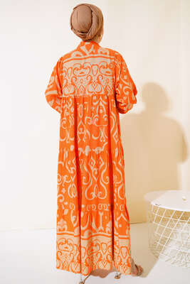 Önü Düğmeli Desenli Elbise Oranj - Tesettür Elbise