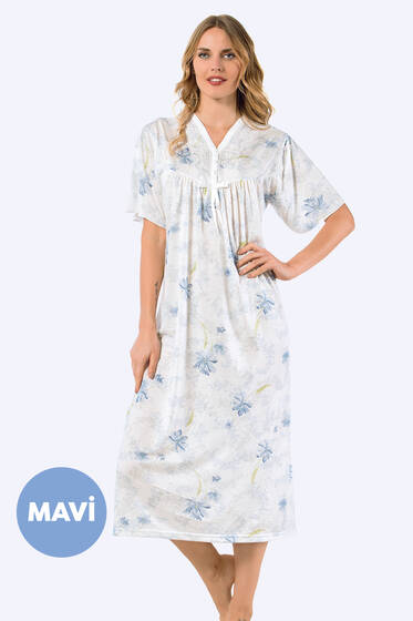 Önü Düğmeli Desenli Kısa Kol Gecelik Mavi - Pijama & Gecelik