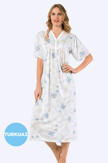 Önü Düğmeli Desenli Kısa Kol Gecelik Turkuaz - Pijama & Gecelik