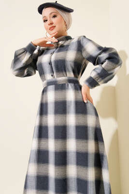 Önü Düğmeli Ekose Desen Elbise Lacivert - Elbise