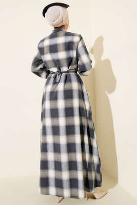 Önü Düğmeli Ekose Desen Elbise Lacivert - Elbise