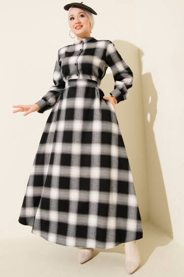 Önü Düğmeli Ekose Desen Elbise Siyah - Elbise