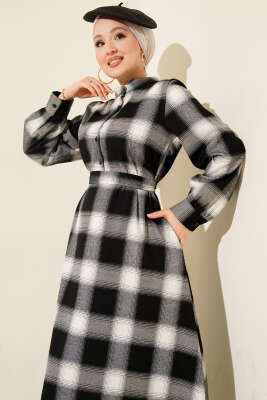 Önü Düğmeli Ekose Desen Elbise Siyah - Elbise