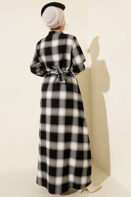 Önü Düğmeli Ekose Desen Elbise Siyah - Elbise