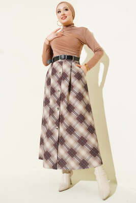 Önü Düğmeli Ekoseli Etek Bej - Etek
