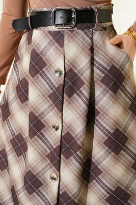 Önü Düğmeli Ekoseli Etek Bej - Etek