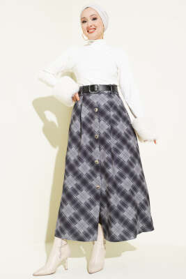 Önü Düğmeli Ekoseli Etek Füme - Etek