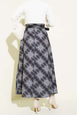 Önü Düğmeli Ekoseli Etek Füme - Etek