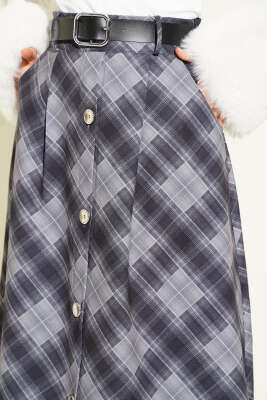 Önü Düğmeli Ekoseli Etek Füme - Etek