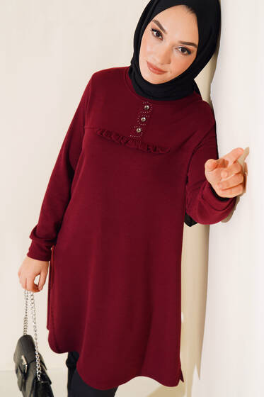 Önü Düğmeli Fırfır Detaylı Tunik Bordo - Tunik