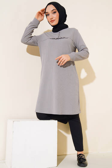 Önü Düğmeli Fırfır Detaylı Tunik Gri - Tunik