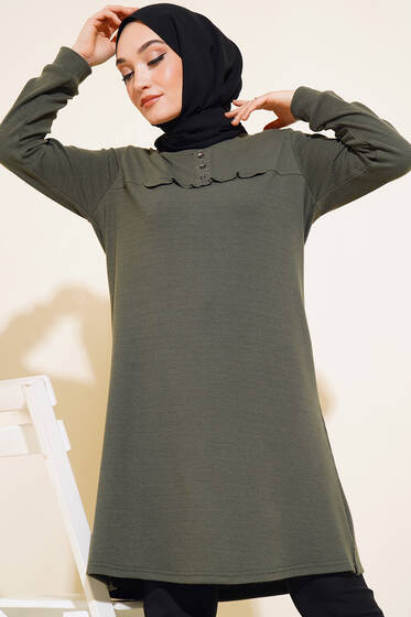 Önü Düğmeli Fırfır Detaylı Tunik Haki - Tunik