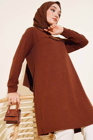 Önü Düğmeli Fırfır Detaylı Tunik Kahve - Tunik