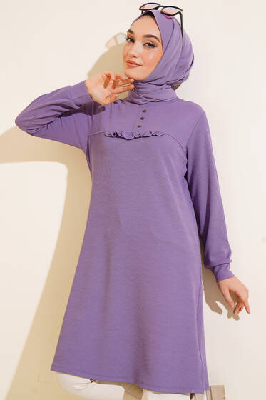 Önü Düğmeli Fırfır Detaylı Tunik Lila - Tunik