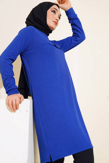 Önü Düğmeli Fırfır Detaylı Tunik Saks - Tunik