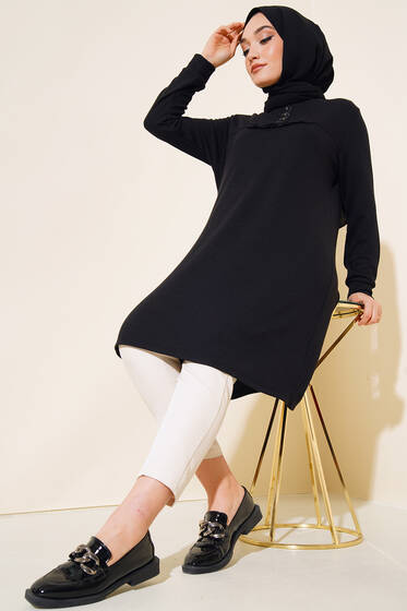 Önü Düğmeli Fırfır Detaylı Tunik Siyah - Tunik