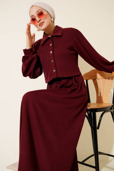 Önü Düğmeli İkili Takım Elbise Bordo - İkili Takım