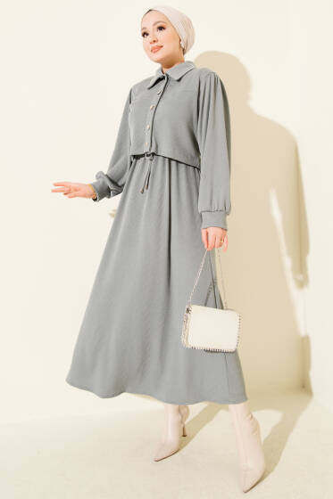 Önü Düğmeli İkili Takım Elbise Füme - İkili Takım