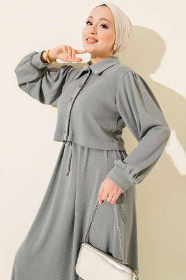 Önü Düğmeli İkili Takım Elbise Füme - İkili Takım