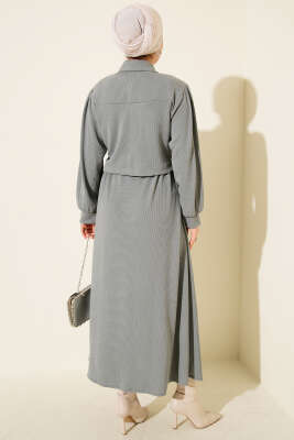 Önü Düğmeli İkili Takım Elbise Füme - İkili Takım