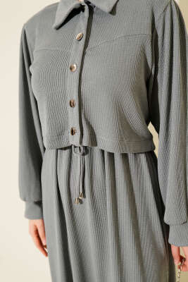 Önü Düğmeli İkili Takım Elbise Füme - İkili Takım